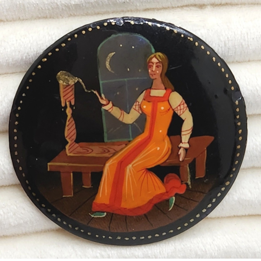 Vintage Russian Lacquer Brooch Hand Painted Woman Spinning Yarn Folk Art Pin